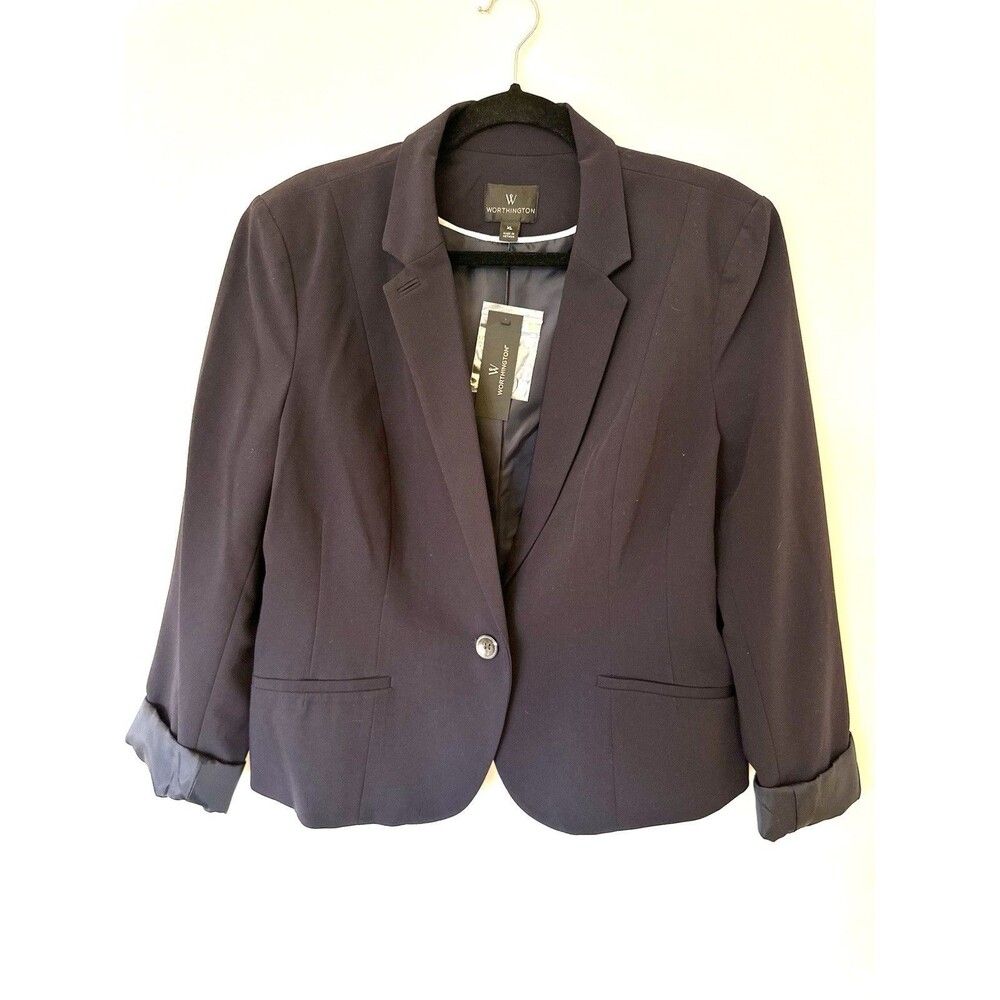 NWT Worthington Women’s Blazer Suit Jacket Navy Blue XL 1 Button Closure Lined